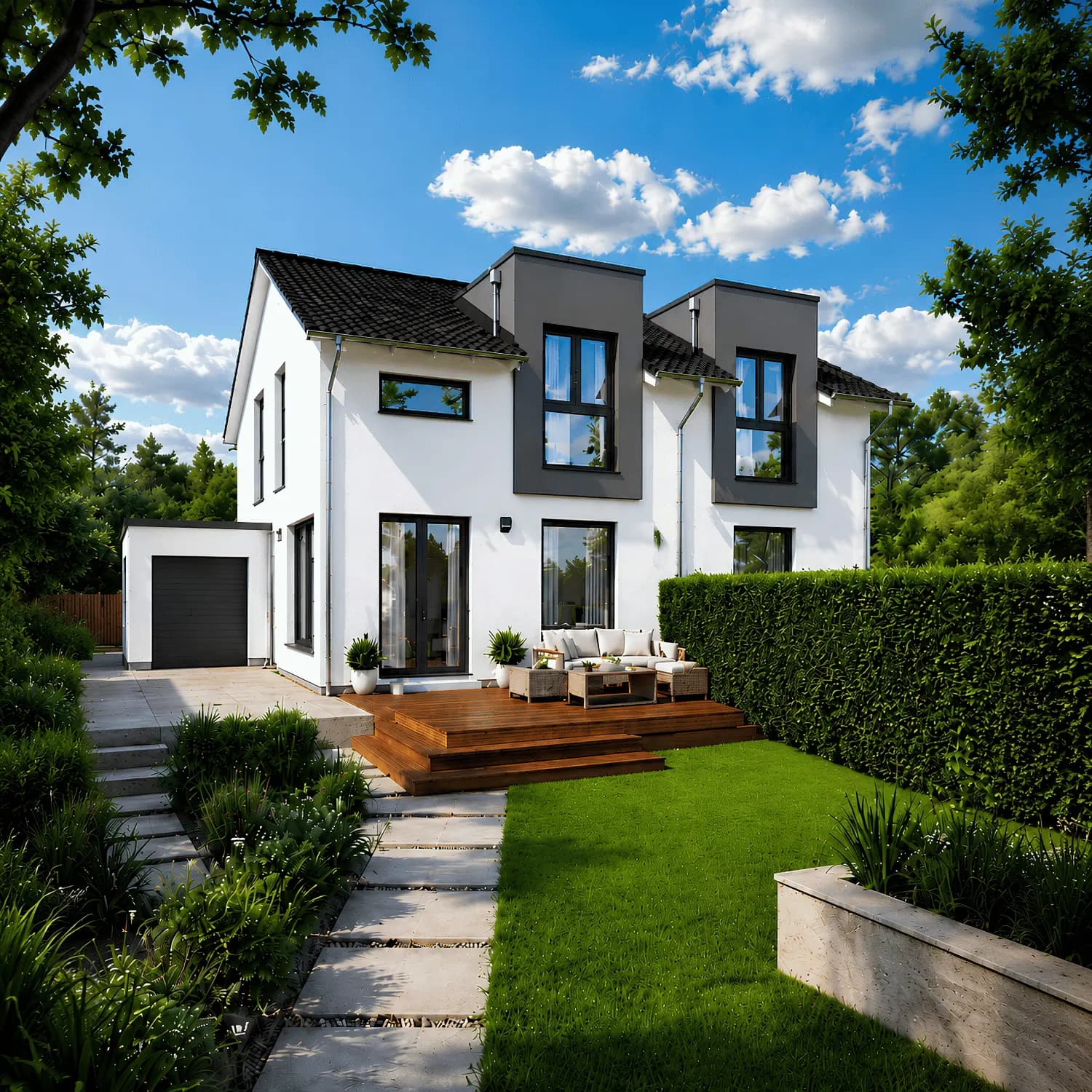 Visualisierung Wohnpark Grafenwald: geförderte Doppelhaushälfte mit Garten und Holzterrasse bei Sonnenschein