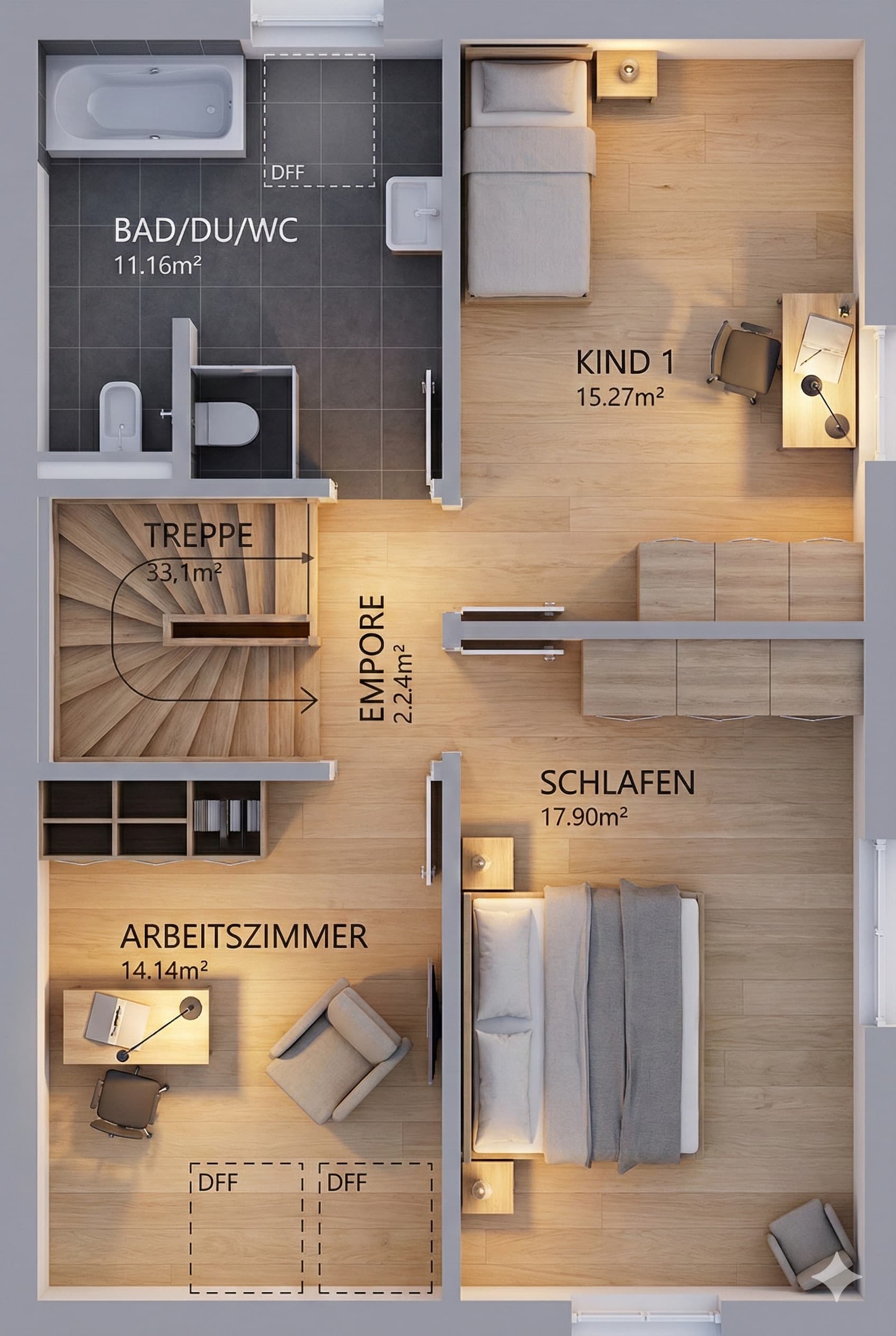 Grundriss Obergeschoss Celebration 122: Schlafräume und Bad (Beispielplanung)